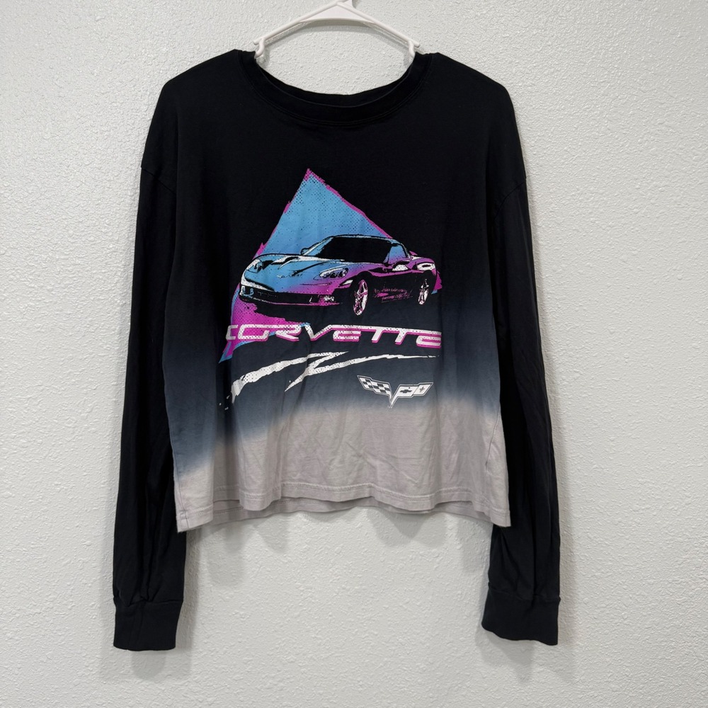 GM Corvette Long Sleeve Cropped Graphic‎ T-Shirt Black Grey Ombre Womens Large